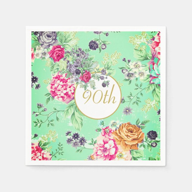 Servilleta De Papel 90.º cumpleaños Floral Oro Verde (Anverso)