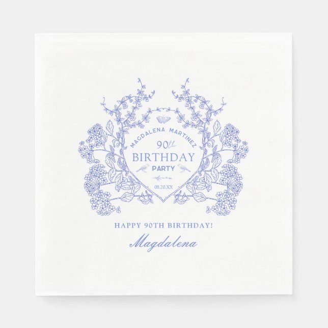 Servilleta De Papel 90.º cumpleaños Personalizado Escudo Floral Azul f (Anverso)
