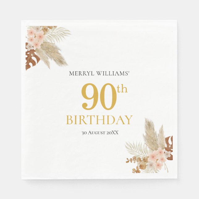 Servilleta De Papel 90 cumpleaños boho floral Papel Napkin (Anverso)