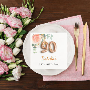 Servilleta De Papel 90 cumpleaños rosa floral oro eucalipto monograma