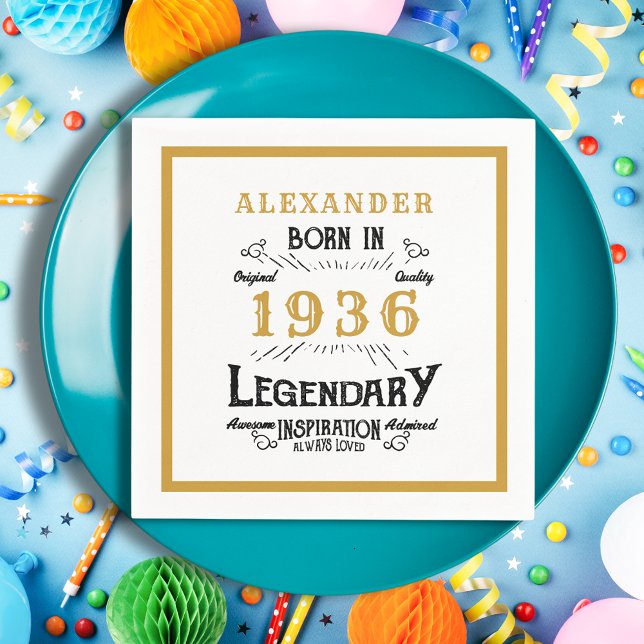 Servilleta De Papel 90th Birthday Born 1936 White Gold Legend (Born 1936 Napkin on a blue plate.)