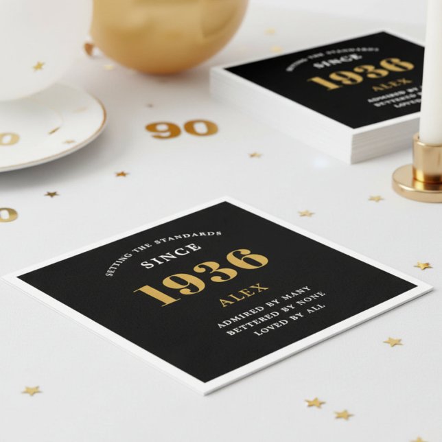Servilleta De Papel 90th Birthday Name 1936 Black Gold Elegant Chic (1936 Paper napkin on white background)
