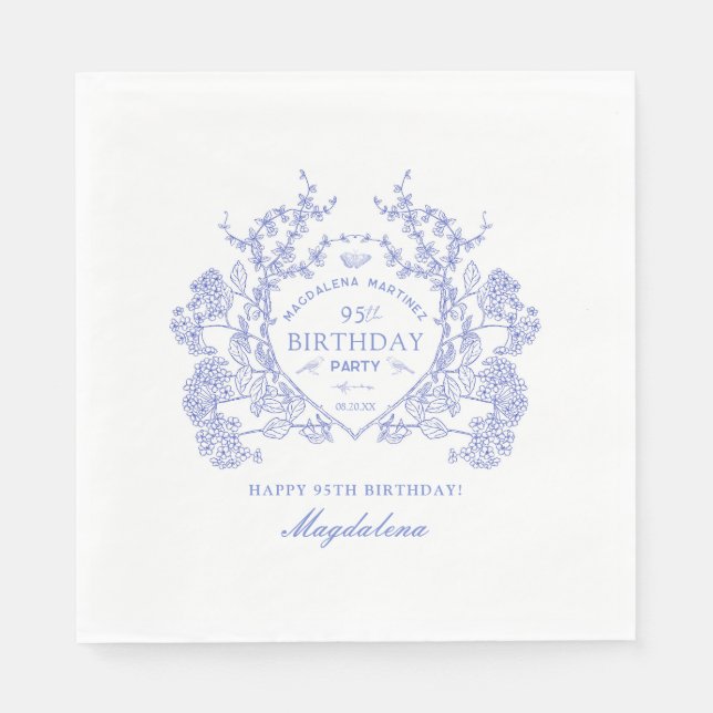Servilleta De Papel 95.º cumpleaños Personalizado Escudo Floral Azul f (Anverso)