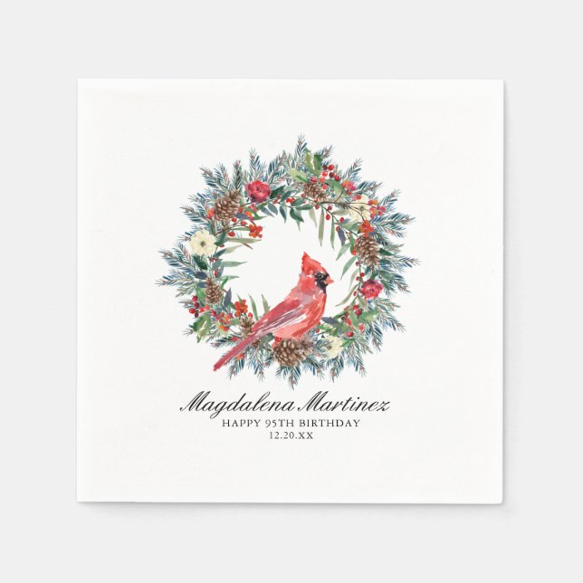 Servilleta De Papel 95th Birthday Red Cardinal Wreath Custom Cocktail (Anverso)