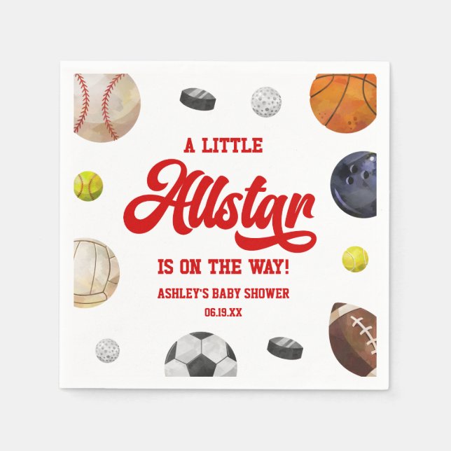 Servilleta De Papel A Little Allstar Is On The Way! Sports Baby Shower (Anverso)