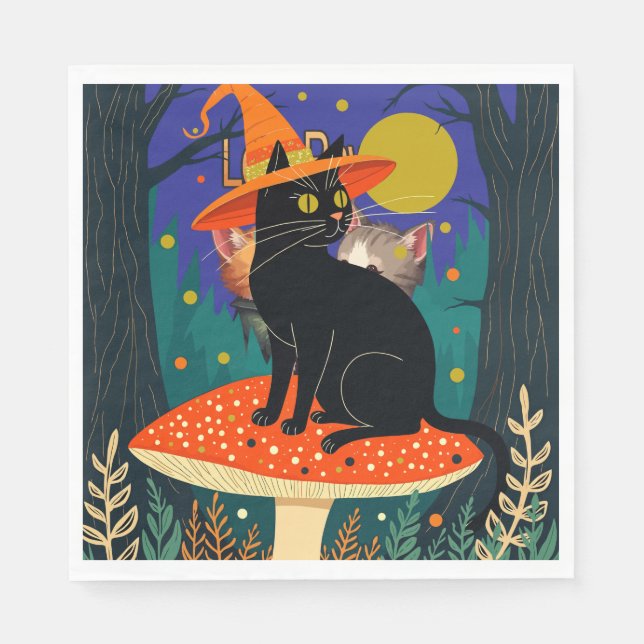 Servilleta De Papel A Little Black Witchy Cat Sitting On A Toadstool (Anverso)
