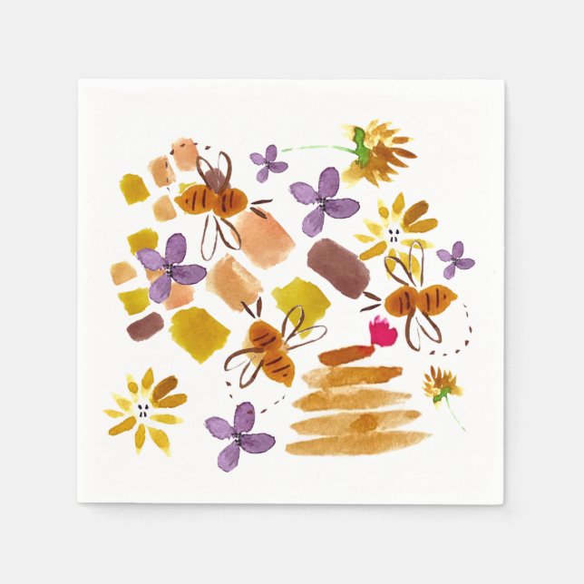 Servilleta De Papel Abeja acuarela de verano y brotes de pincel (Anverso)