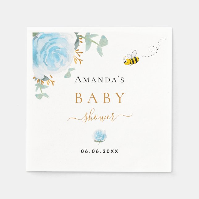 Servilleta De Papel Abeja de flores azul Baby Shower (Anverso)