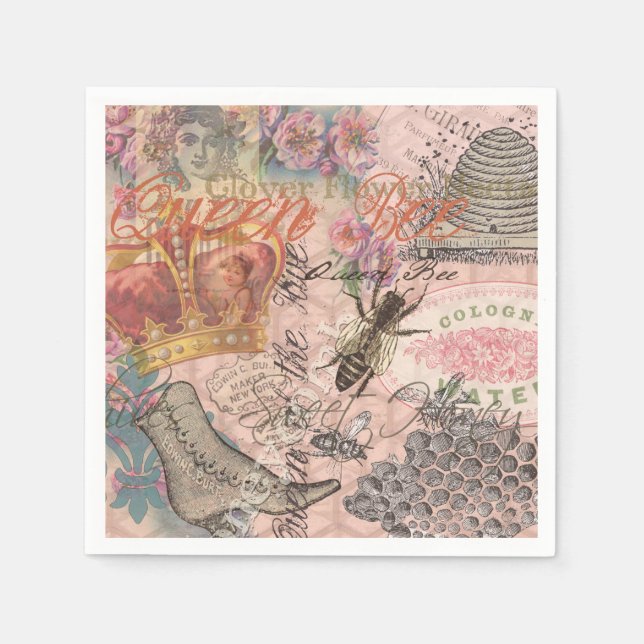 Servilleta De Papel Abeja Reina Vintage Hermoso Collage (Anverso)