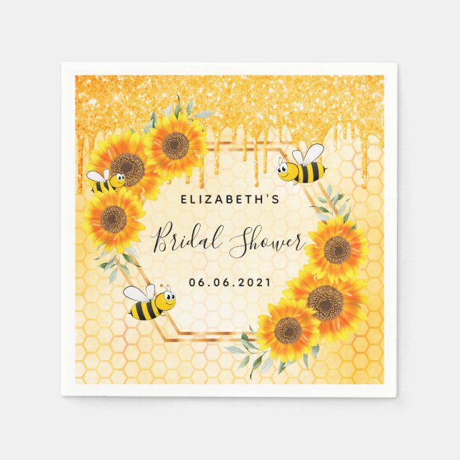 Servilleta De Papel Abejas bumble oro brillo girasoles ducha de novia (Anverso)