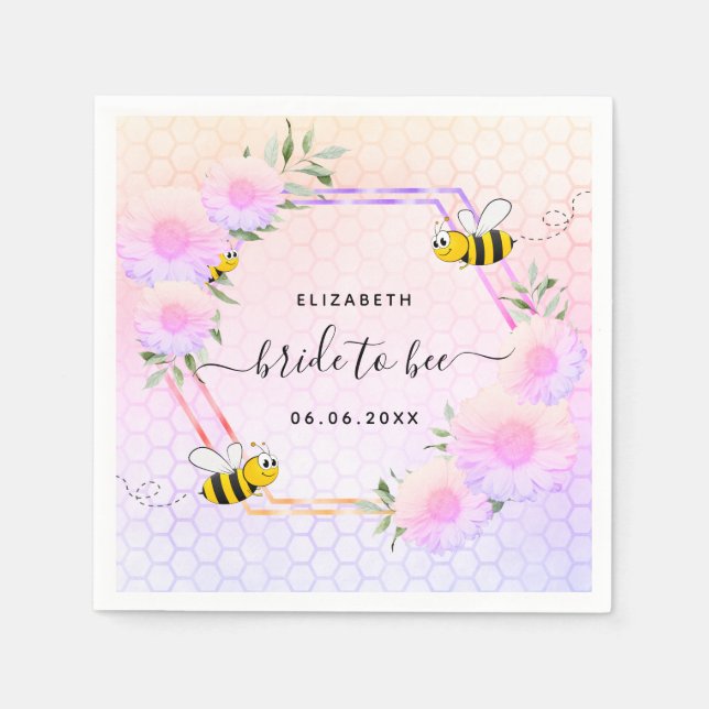 Servilleta De Papel Abejas con ducha de novia morado rosa floral (Anverso)