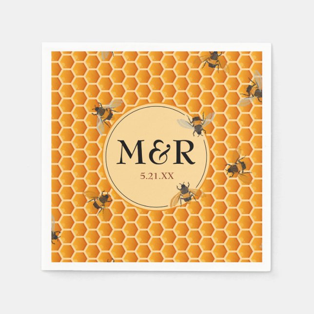 Servilleta De Papel Abejas n' Honeycomb Monograma Satin Gold (Anverso)