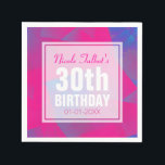 Servilleta De Papel Abstract Pink Blue 30th Birthday Paper Napkins<br><div class="desc">Hermoso fondo abstracto (cuadrados rosa y azul) con una etiqueta cuadrada blanca medio transparente (pequeño borde transparente) para nombre,  fecha y cumpleaños. Todo es personalizable para estas servilletas de papel de 30 años. Libro de invitados de cumpleaños coincidente.</div>