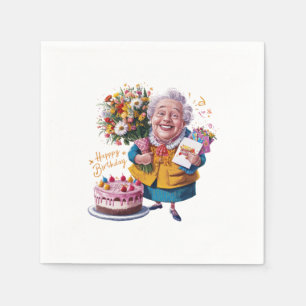 Servilleta De Papel Abuela en bicicleta con pastel y globos