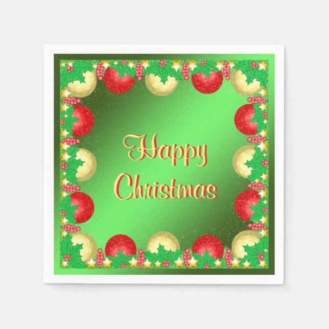 Servilleta De Papel Acebo de Navidad y Bolas "Feliz Navidad" (Anverso)