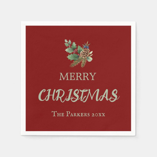 Servilleta De Papel Aceite rústico con bayas rojas y cono de pino (Anverso)