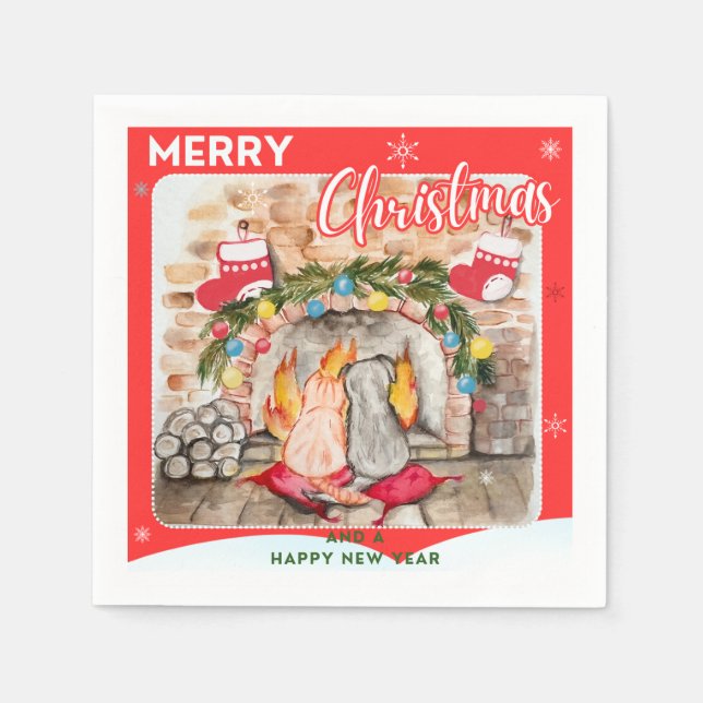 Servilleta De Papel Acogedores Navidades mantel con perro y gato (Anverso)