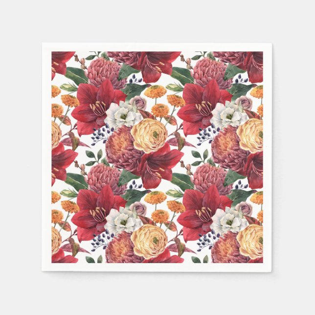 Servilleta De Papel Acuarela Amarilis Rojo y Crisantemo Floral (Anverso)