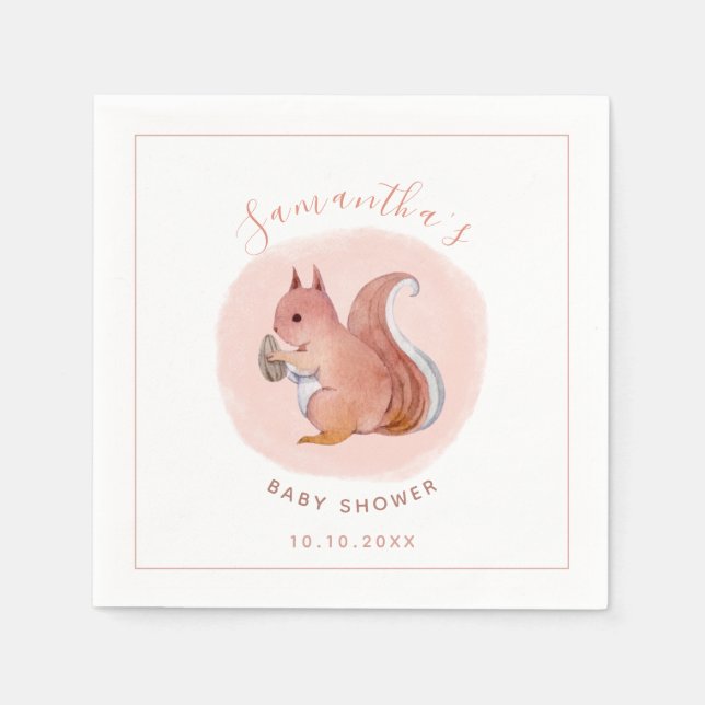 Servilleta De Papel Acuarela Ardilla rosa Baby Shower Cute Animal (Anverso)
