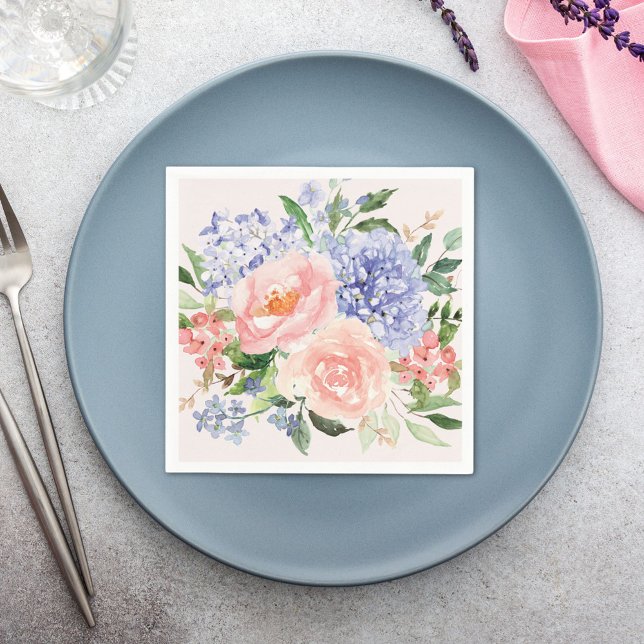 Servilleta De Papel Acuarela Azul Rosa Hydrangea Peony Spring Floral (In situ Wedding reception)