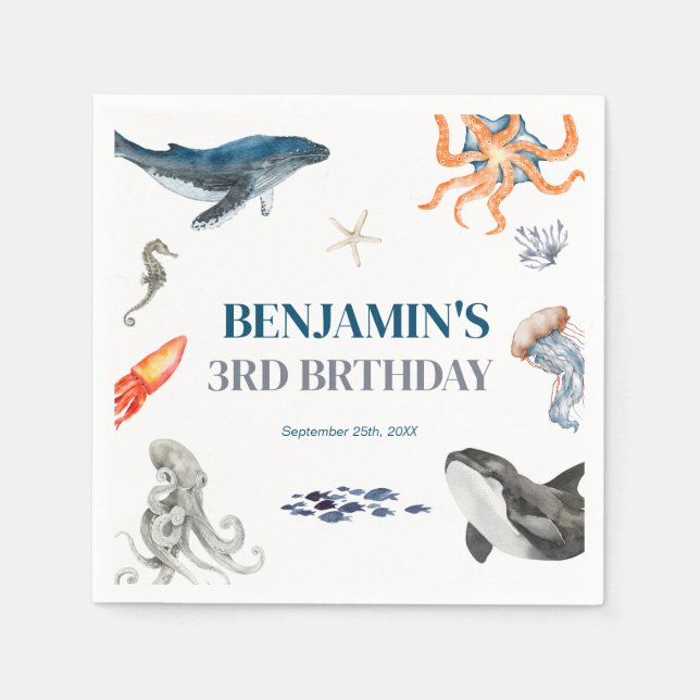 Servilleta De Papel Acuarela bajo la fiesta de cumpleaños del mar (Anverso)