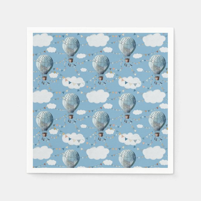 Servilleta De Papel Acuarela Balón de aire caliente Azul // Cumpleaños (Anverso)