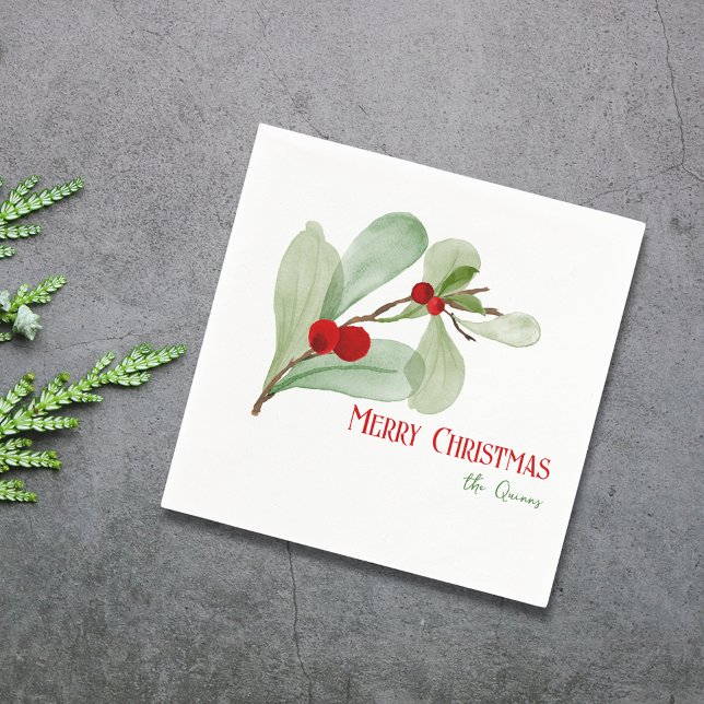 Servilleta De Papel Acuarela Bayas de Acebo Feliz Navidad Simple (Simple Watercolor Greenery Merry Christmas Napkins)