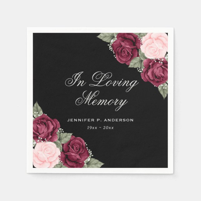 Servilleta De Papel Acuarela Black Red Pink Floral Funeral Memorial (Anverso)