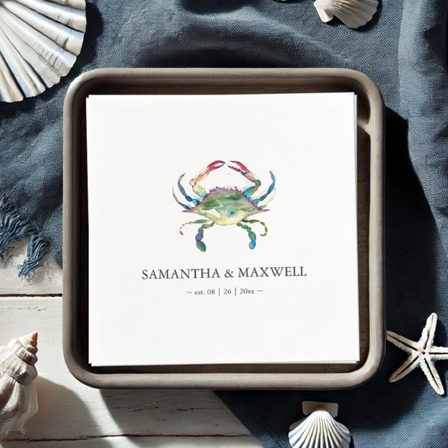 Servilleta De Papel Acuarela Blue Crab Beach Wedding Personalizado (beach wedding personalized napkins feature watercolor blue crab art by Victoria Grigaliunas)