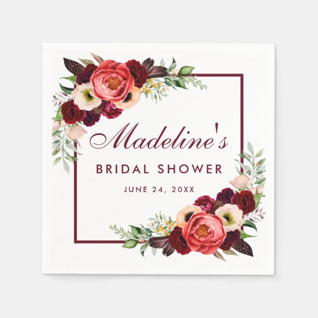 Servilleta De Papel Acuarela Burgundy Floral Boho Bridal Shower (Anverso)