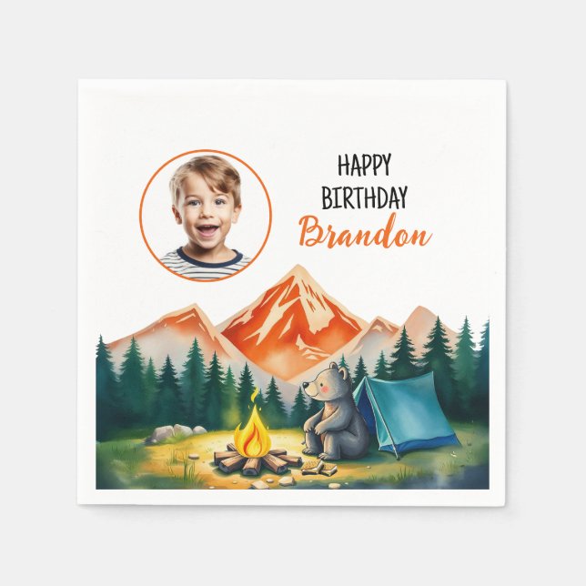 Servilleta De Papel Acuarela Camping Blanco Oso Niños Foto Cumpleaños (Anverso)