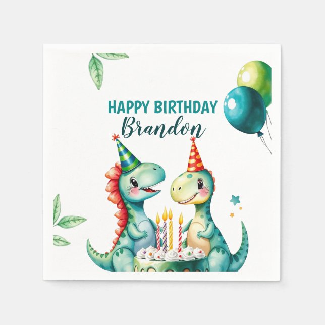 Servilleta De Papel Acuarela Colorido Trex Dinosaurio 1er cumpleaños (Anverso)