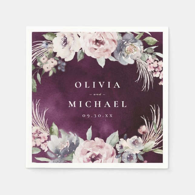 Servilleta De Papel Acuarela de ciruela y boda de boho floral rosa pol (Anverso)