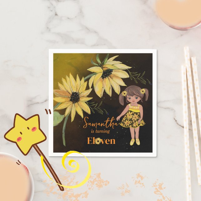 Servilleta De Papel Acuarela de girasol Quinto Chica Nacimiento Negro (Sunflower Watercolor Fifth Girl Black Birthday Napkins)