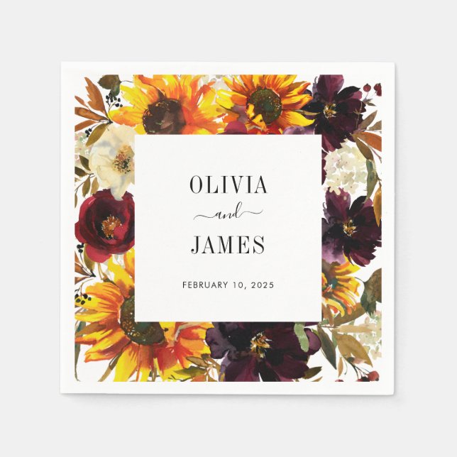 Servilleta De Papel Acuarela De Girasol Rústico Burgundy Floral Caída (Anverso)