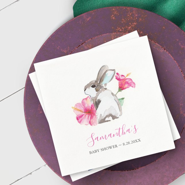Servilleta De Papel Acuarela de manantial rosada floral de conejo (Watercolor bunny rabbit and pink floral design. )
