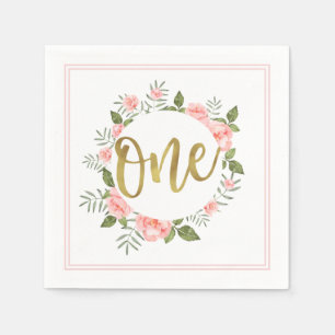 Servilleta De Papel Acuarela de oro floral rosa primer cumpleaños