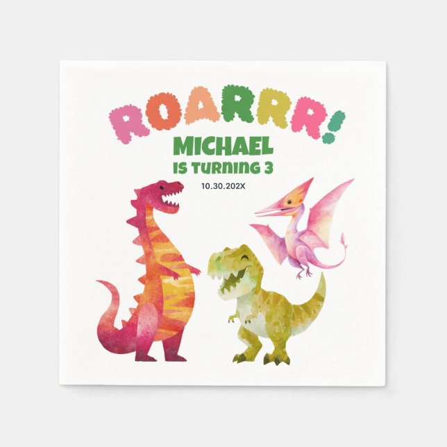 Servilleta De Papel Acuarela Dinosaurio Dig Cute Dino Kids Cumpleaños (Anverso)