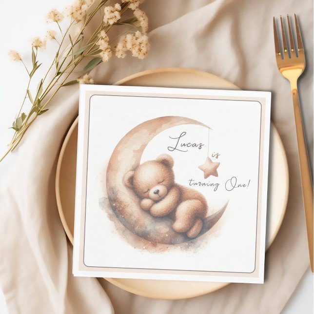 Servilleta De Papel Acuarela Dormido Oso Brown beige en la Luna (Subido por el creador)