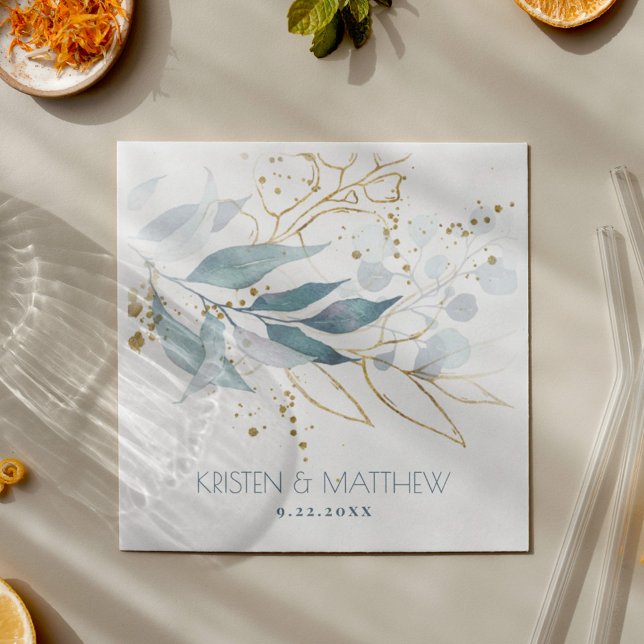 Servilleta De Papel Acuarela Dusty Blue Floral Elegante Boda (Dusty blue elegant greenery with gold accents for a boho feel that will step up cocktail hour.)