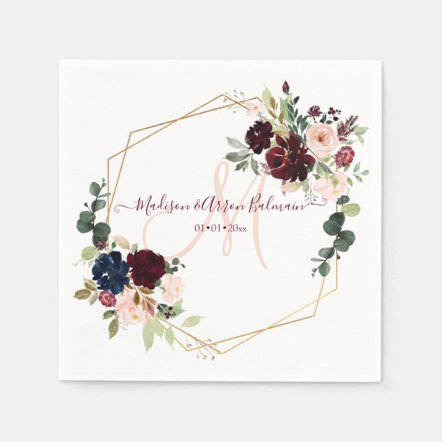 Servilleta De Papel Acuarela Elegante Bloom Rubor Burgundy Monograma (Anverso)