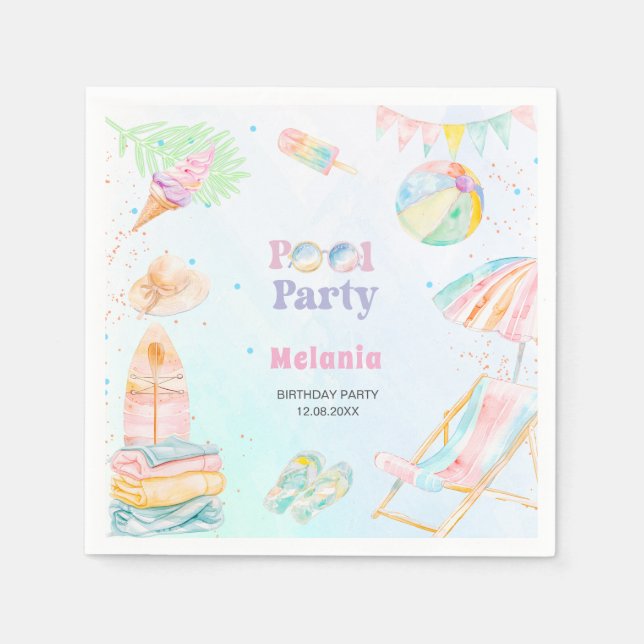 Servilleta De Papel     Acuarela fiesta de cumpleaños en la piscina ve (Anverso)
