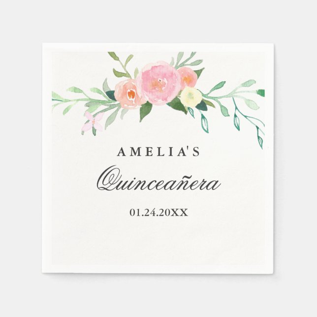 Servilleta De Papel Acuarela Floral Botánica Quinceanera Napkin (Anverso)