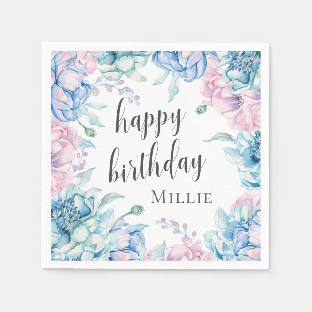 Servilleta De Papel Acuarela Floral Elegante granja Feliz Cumpleaños (Anverso)