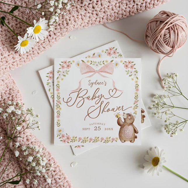 Servilleta De Papel Acuarela Floral Woodland Niña Bear de punto (Watercolor Floral Woodland Knitted Bear Baby Girl Napkins)