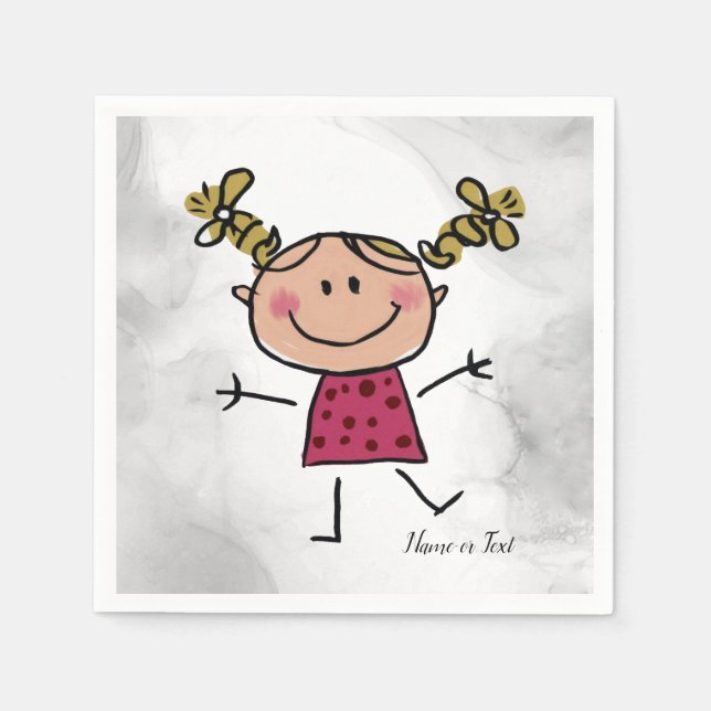 Servilleta De Papel Acuarela Happy Stick Girl Vestido rosa elegante (Anverso)