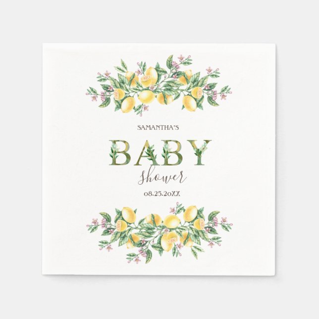 Servilleta De Papel Acuarela Limones Flores Botánicas Baby Shower (Anverso)