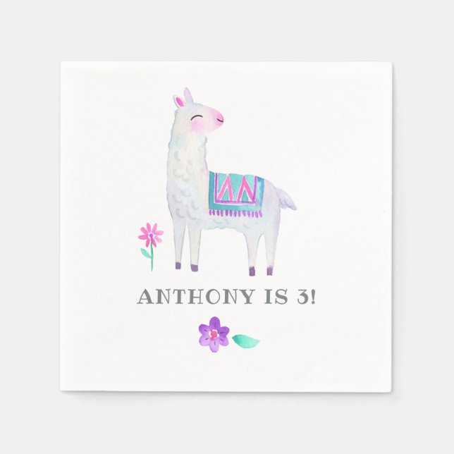 Servilleta De Papel Acuarela Llama Kids Birthday Fiesta (Anverso)