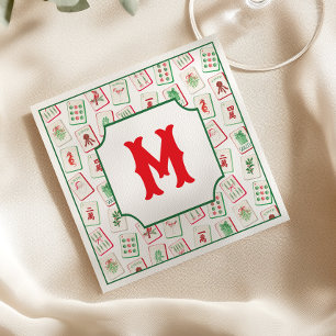 Servilleta De Papel Acuarela Mahjong Rojo y Verde Navidad Monograma