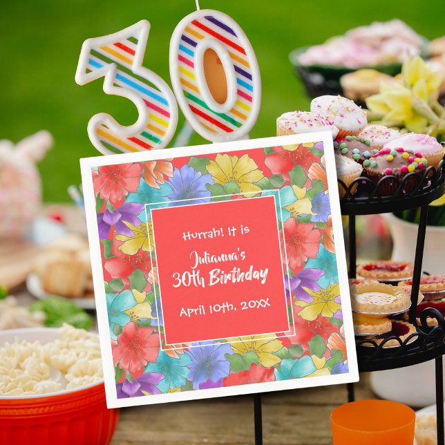 Servilleta De Papel Acuarela moderna Floral Coral Rojo 30 cumpleaños (Subido por el creador)